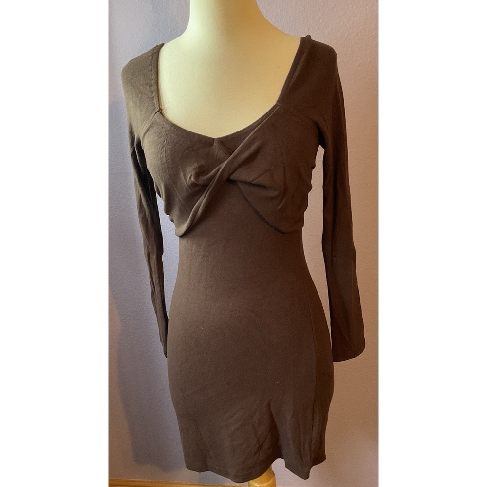 Chocolate Brown Twist Front Bodycon Ribknit Long Sleeve Dress Small NEW